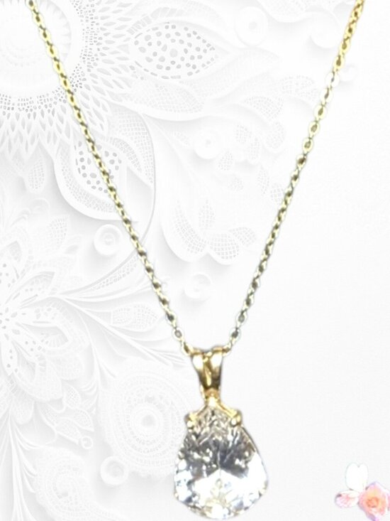 Jewelry - Gold-Tone Pear-Cut Crystal Pendant Necklace on Delicate Chain 339